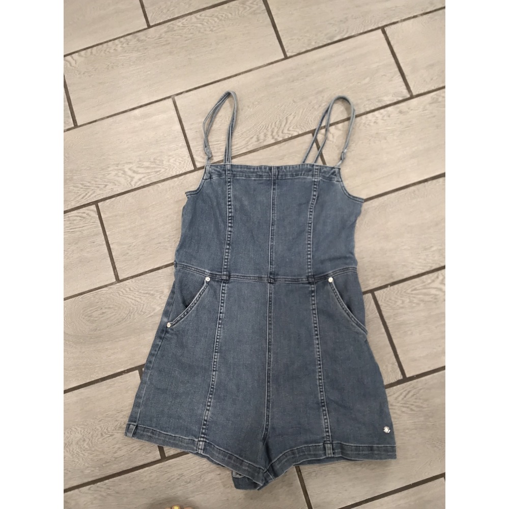 Volcom Denim Romper Medium Wash Blue Sleeveless Spaghetti Strap Size Large L 10